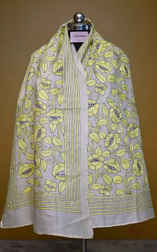Off White on Yellow Bengal Kantha Embroidery Tussar Silk Handloom stole