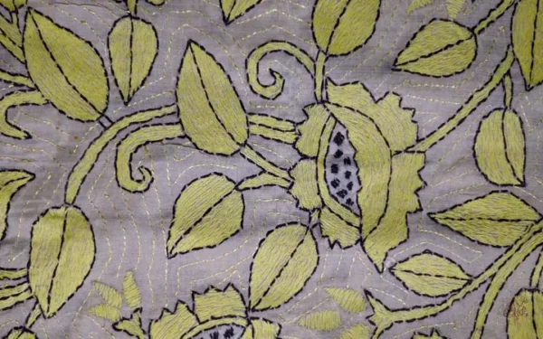 Off White on Yellow Bengal Kantha Embroidery Tussar Silk Handloom stole