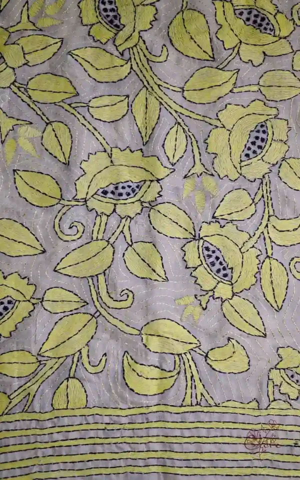 Off White on Yellow Bengal Kantha Embroidery Tussar Silk Handloom stole