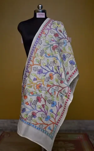 Off White on Multicolor Bengal Kantha Embroidery Tussar Silk Handloom stole