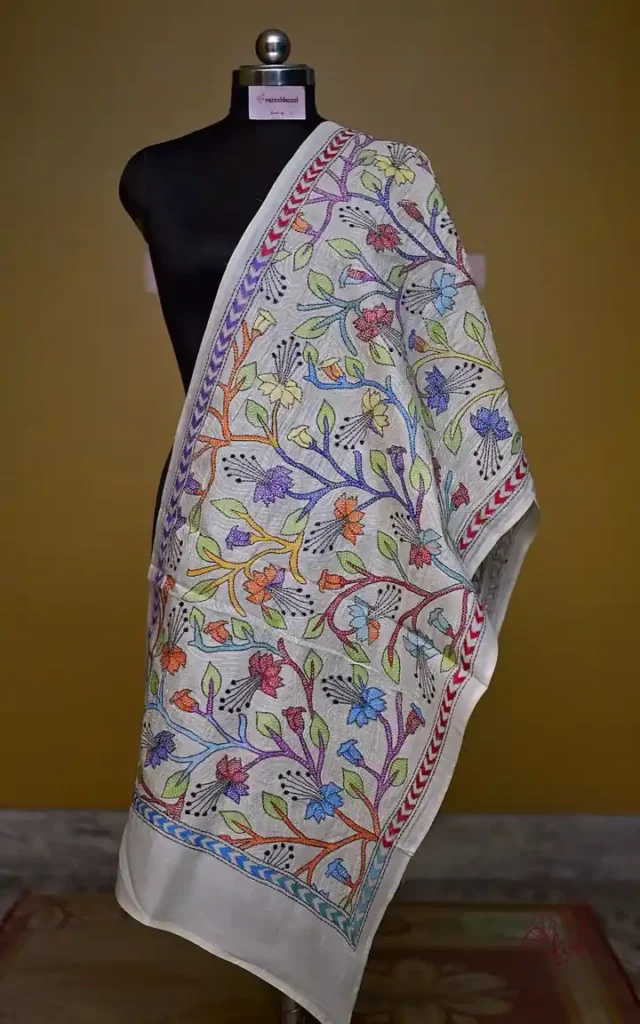 Off White on Multicolor Bengal Kantha Embroidery Tussar Silk Handloom stole