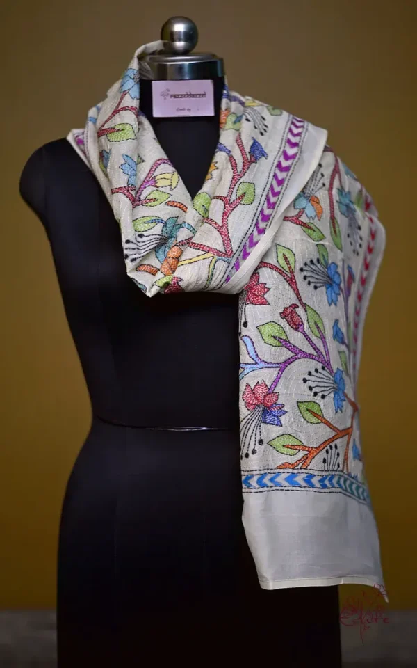 Off White on Multicolor Bengal Kantha Embroidery Tussar Silk Handloom stole