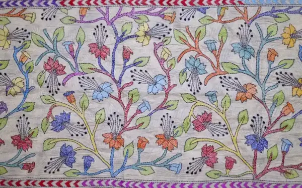 Off White on Multicolor Bengal Kantha Embroidery Tussar Silk Handloom stole