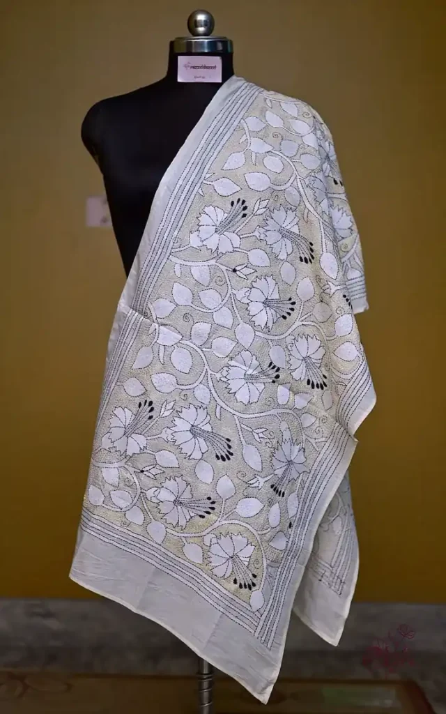 Beige on white & Black Bengal Kantha Embroidery Tussar Silk Handloom stole