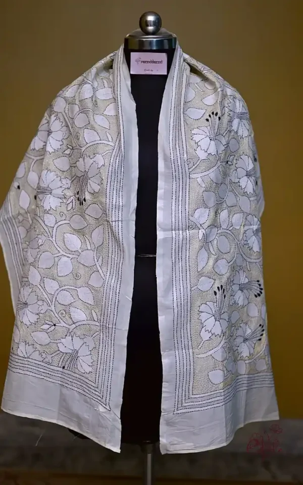 Beige on white & Black Bengal Kantha Embroidery Tussar Silk Handloom stole