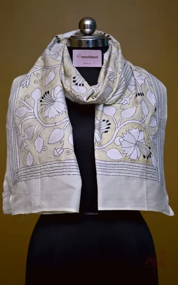 Beige on white & Black Bengal Kantha Embroidery Tussar Silk Handloom stole