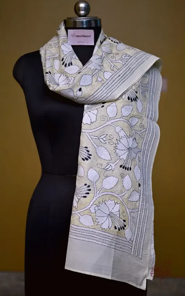 Beige on white & Black Bengal Kantha Embroidery Tussar Silk Handloom stole