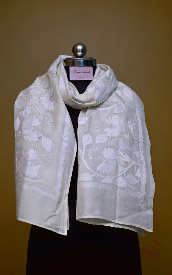 Beige on White Bengal Kantha Embroidery Tussar Silk Handloom stole