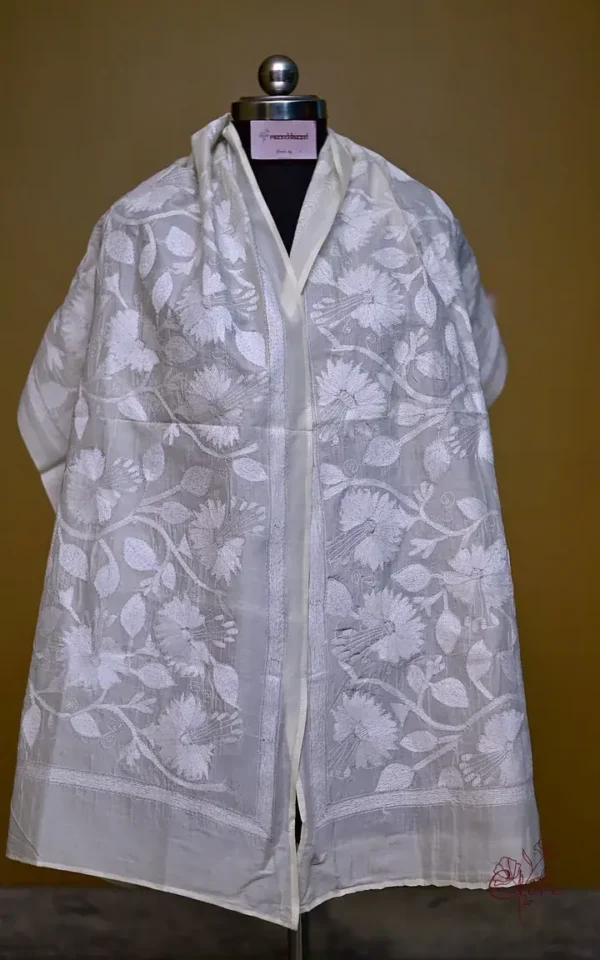 Beige on White Bengal Kantha Embroidery Tussar Silk Handloom stole