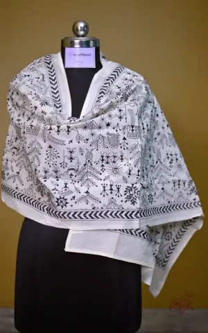 White on Black Warli Print Bengal Kantha Embroidery Tussar Silk Handloom stole
