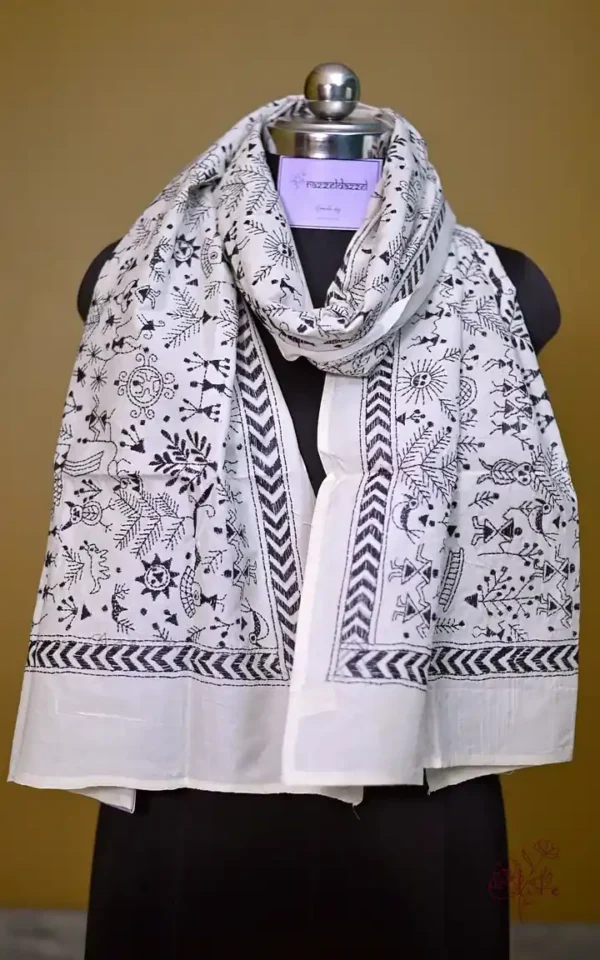 White on Black Warli Print Bengal Kantha Embroidery Tussar Silk Handloom stole