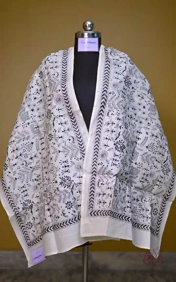 White on Black Warli Print Bengal Kantha Embroidery Tussar Silk Handloom stole