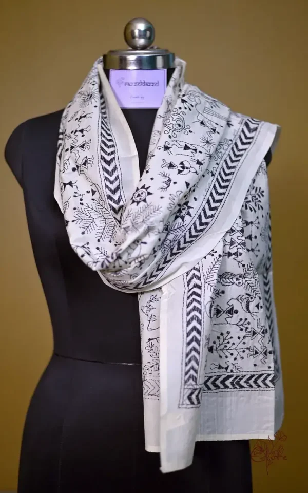White on Black Warli Print Bengal Kantha Embroidery Tussar Silk Handloom stole