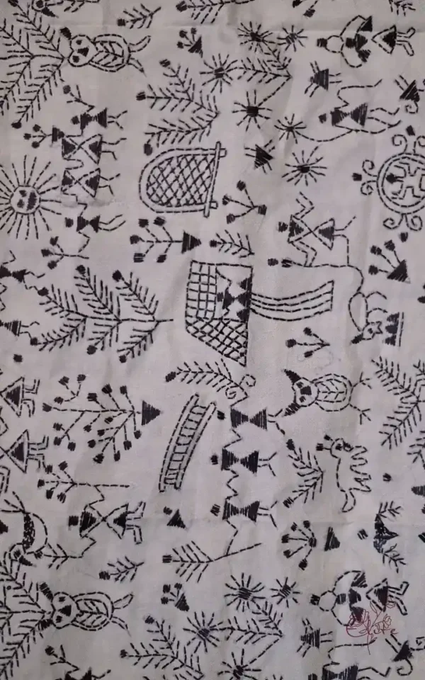 White on Black Warli Print Bengal Kantha Embroidery Tussar Silk Handloom stole