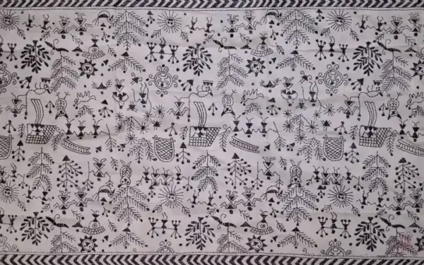White on Black Warli Print Bengal Kantha Embroidery Tussar Silk Handloom stole