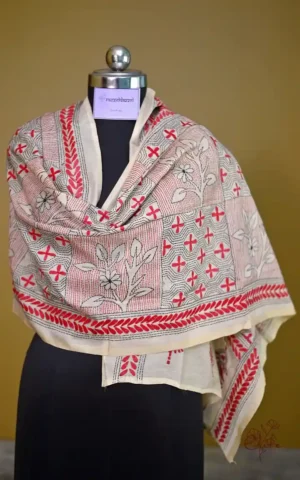 Off White on Red n Black Bengal Kantha Embroidery Tussar Silk Handloom stole