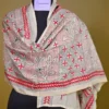 Off White on Red n Black Bengal Kantha Embroidery Tussar Silk Handloom stole