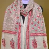 Off White on Red n Black Bengal Kantha Embroidery Tussar Silk Handloom stole