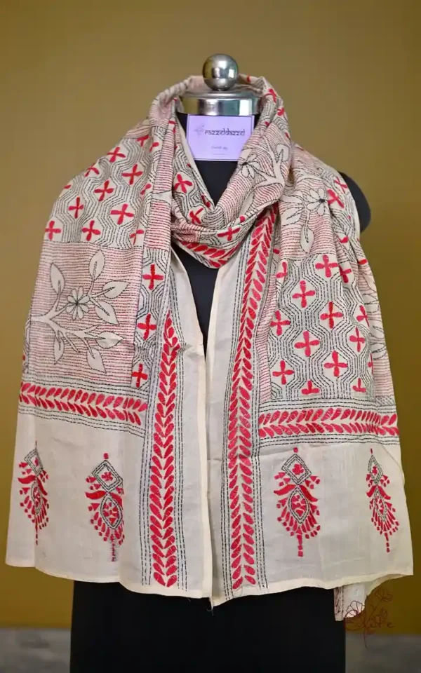 Off White on Red n Black Bengal Kantha Embroidery Tussar Silk Handloom stole