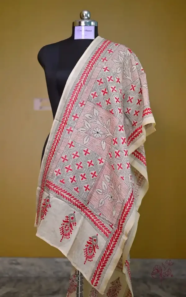 Off White on Red n Black Bengal Kantha Embroidery Tussar Silk Handloom stole