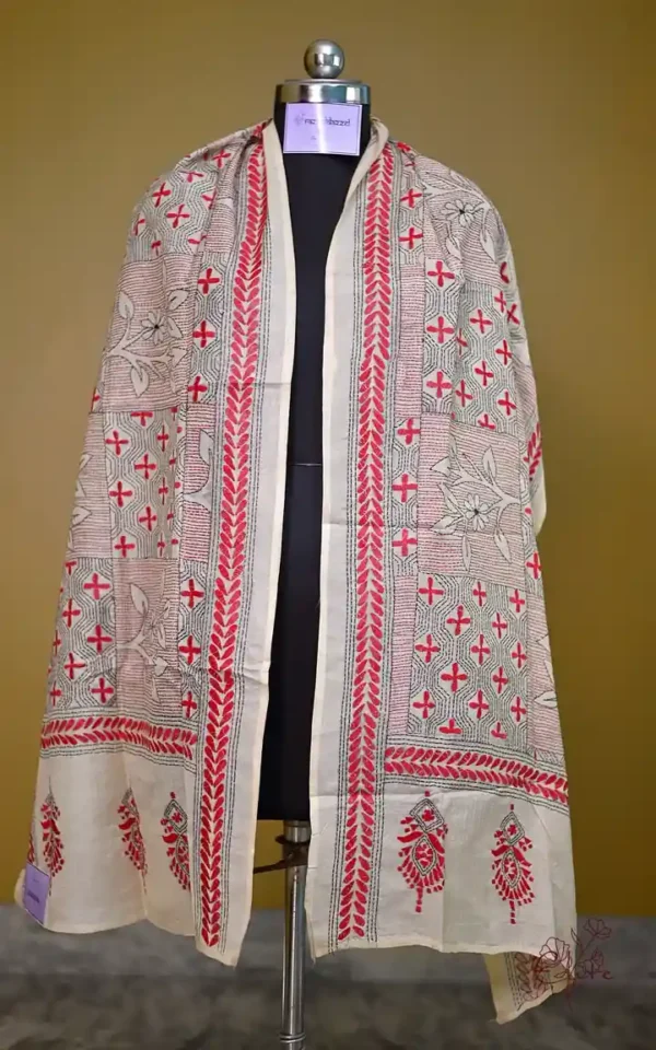 Off White on Red n Black Bengal Kantha Embroidery Tussar Silk Handloom stole