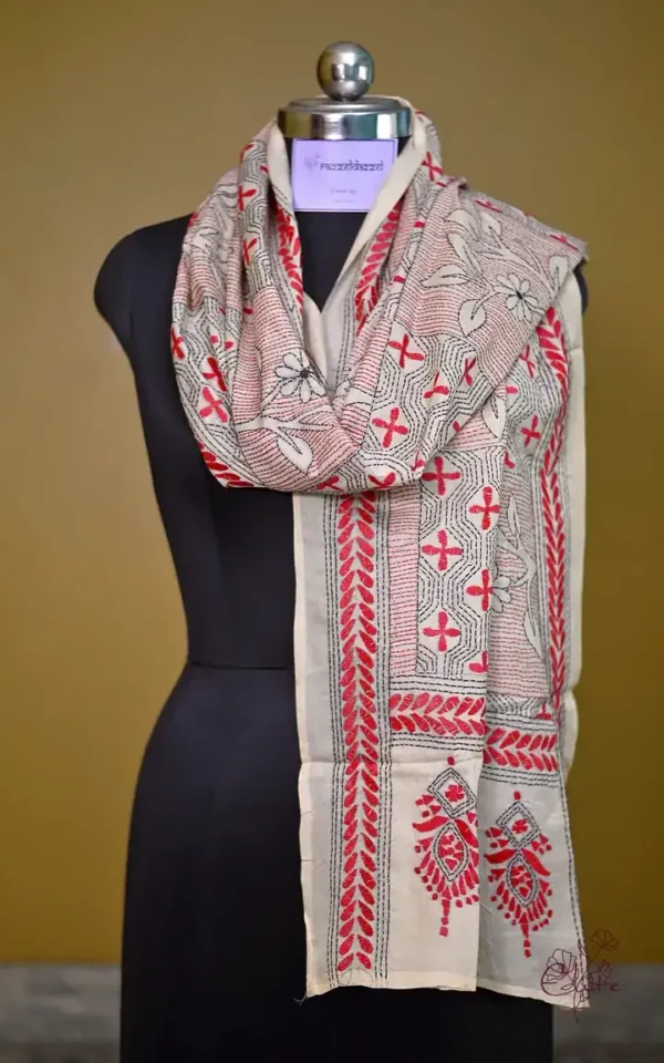Off White on Red n Black Bengal Kantha Embroidery Tussar Silk Handloom stole
