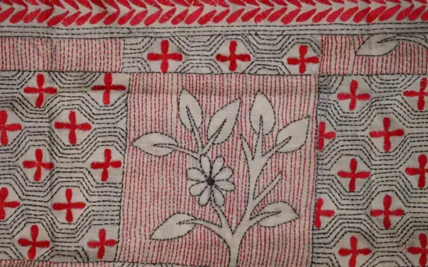 Off White on Red n Black Bengal Kantha Embroidery Tussar Silk Handloom stole