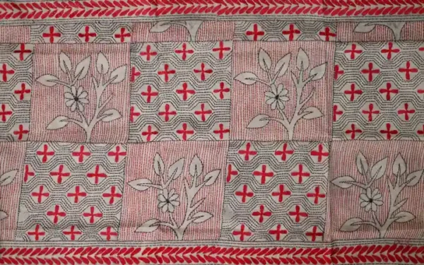 Off White on Red n Black Bengal Kantha Embroidery Tussar Silk Handloom stole