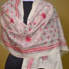 Off White on Red n Black Bengal Kantha Embroidery Tussar Silk Handloom stole