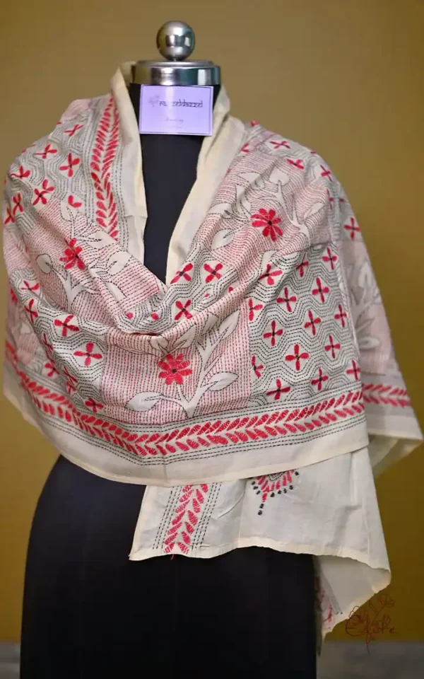 Off White on Red n Black Bengal Kantha Embroidery Tussar Silk Handloom stole