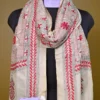 Off White on Red n Black Bengal Kantha Embroidery Tussar Silk Handloom stole