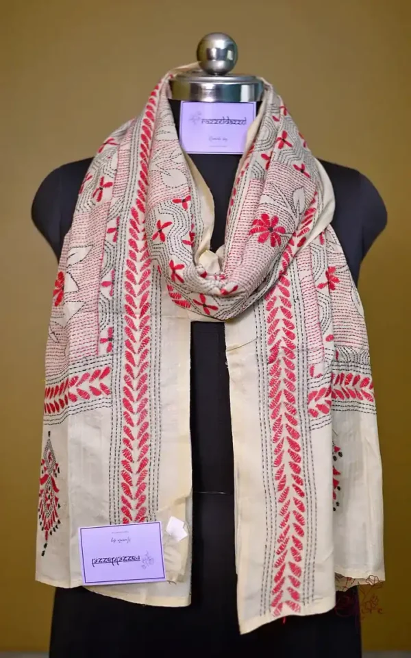 Off White on Red n Black Bengal Kantha Embroidery Tussar Silk Handloom stole
