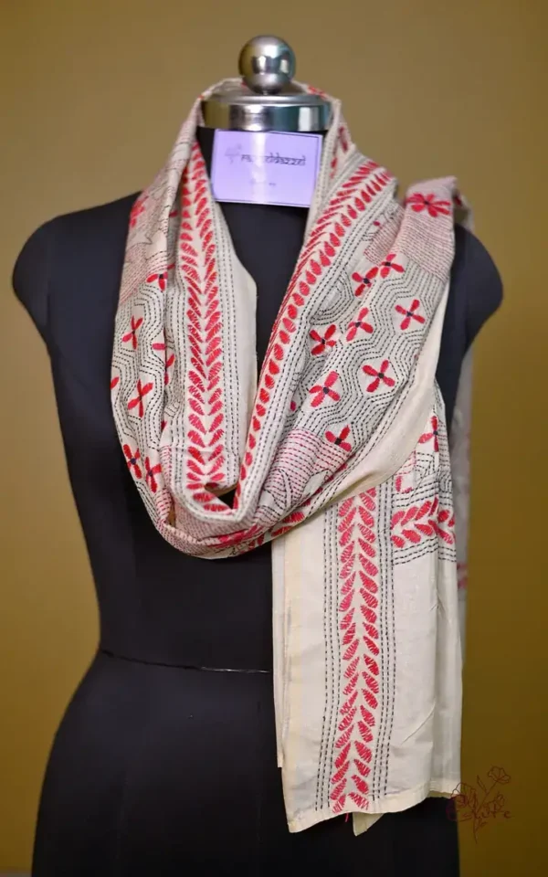Off White on Red n Black Bengal Kantha Embroidery Tussar Silk Handloom stole