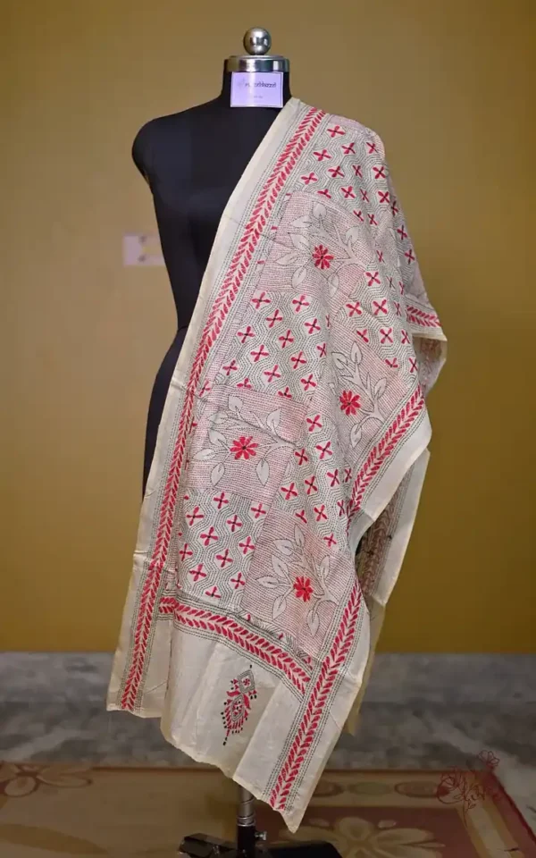 Off White on Red n Black Bengal Kantha Embroidery Tussar Silk Handloom stole