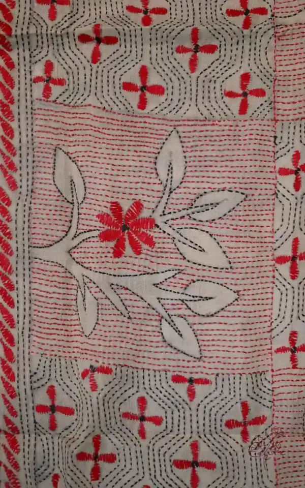 Off White on Red n Black Bengal Kantha Embroidery Tussar Silk Handloom stole