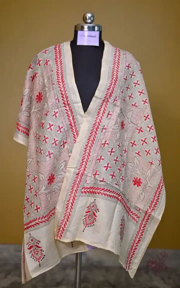 Off White on Red n Black Bengal Kantha Embroidery Tussar Silk Handloom stole