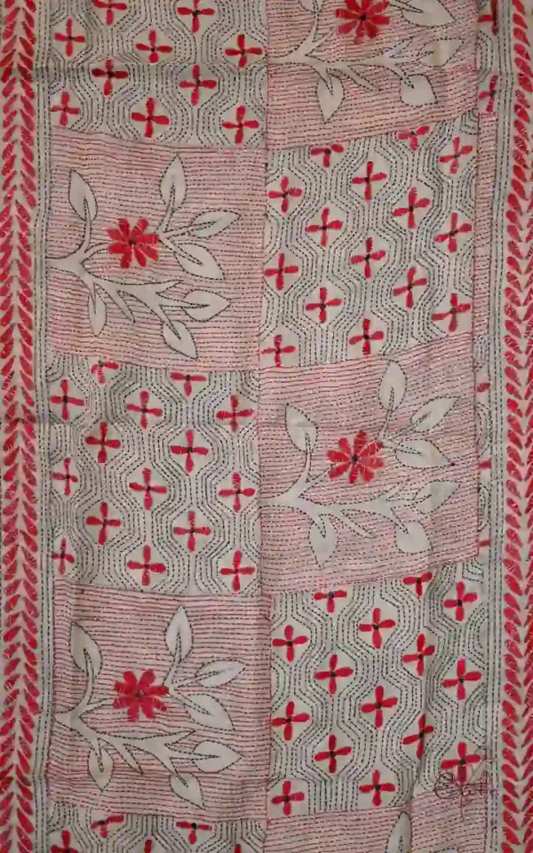 Off White on Red n Black Bengal Kantha Embroidery Tussar Silk Handloom stole