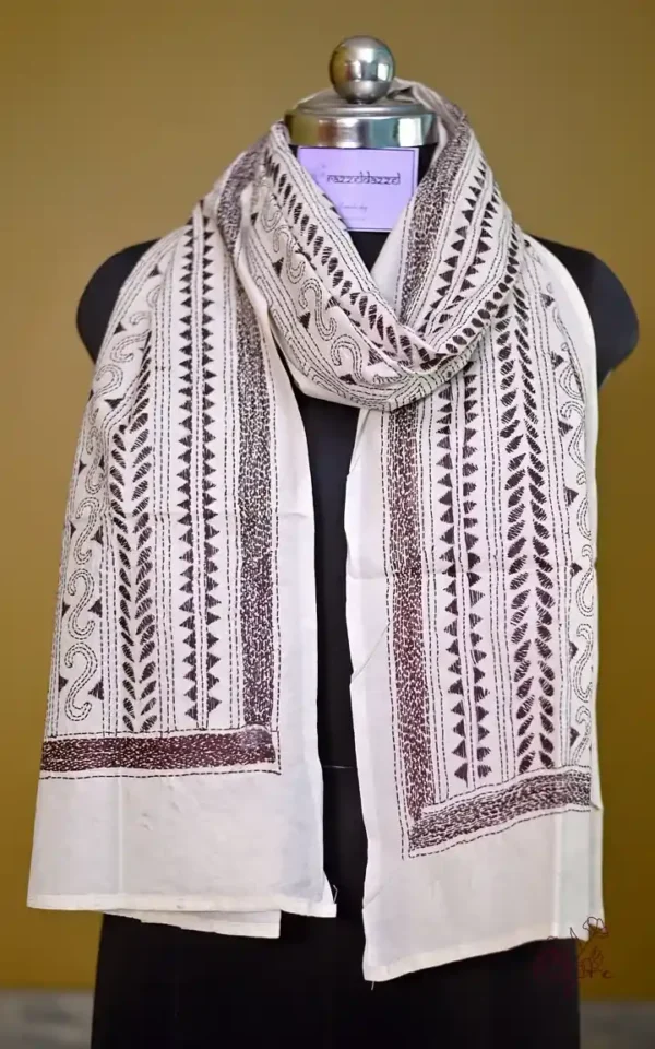 White on Black Bengal Kantha Embroidery Tussar Silk Handloom stole