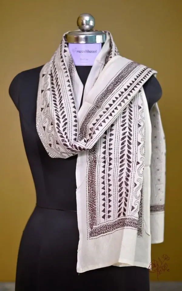 White on Black Bengal Kantha Embroidery Tussar Silk Handloom stole