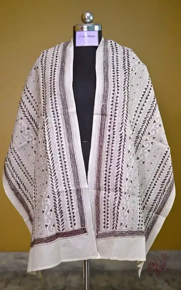 White on Black Bengal Kantha Embroidery Tussar Silk Handloom stole