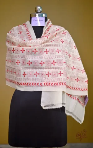 White on Red Bengal Kantha Embroidery Tussar Silk Handloom stole