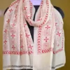 White on Red Bengal Kantha Embroidery Tussar Silk Handloom stole