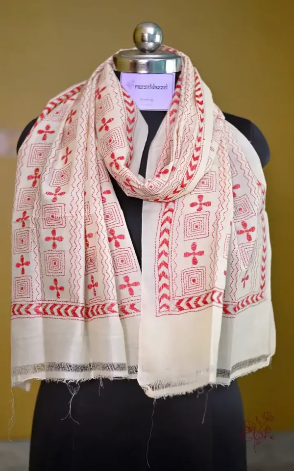 White on Red Bengal Kantha Embroidery Tussar Silk Handloom stole