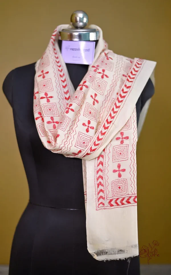 White on Red Bengal Kantha Embroidery Tussar Silk Handloom stole