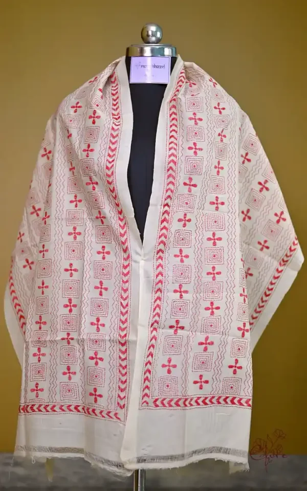 White on Red Bengal Kantha Embroidery Tussar Silk Handloom stole