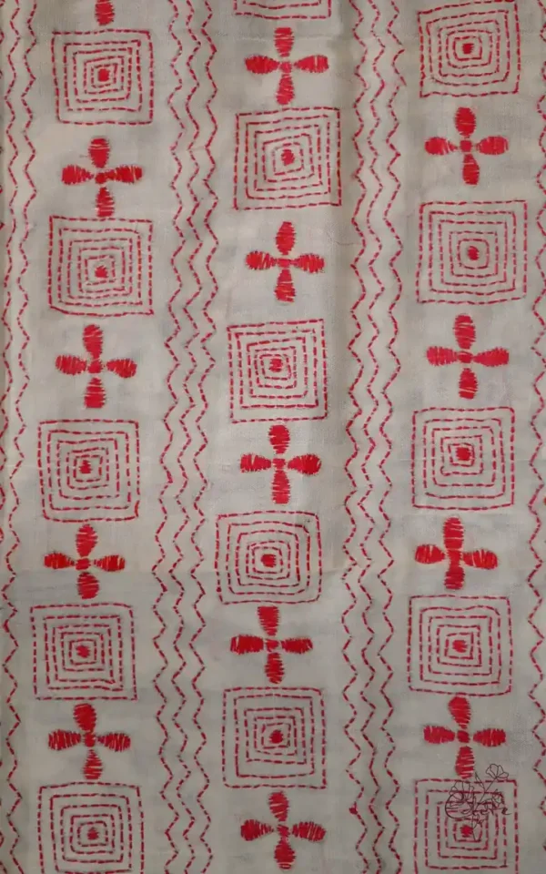 White on Red Bengal Kantha Embroidery Tussar Silk Handloom stole