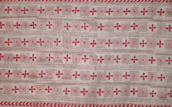White on Red Bengal Kantha Embroidery Tussar Silk Handloom stole