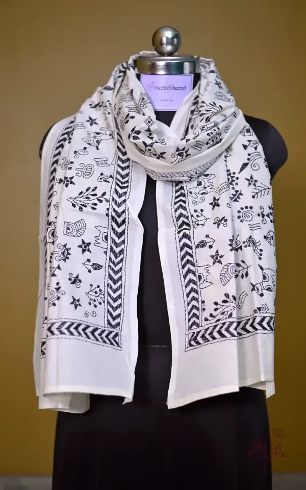 White on Black Bengal Kantha Embroidery Tussar Silk Handloom stole