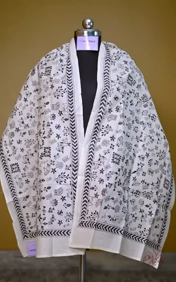 White on Black Bengal Kantha Embroidery Tussar Silk Handloom stole