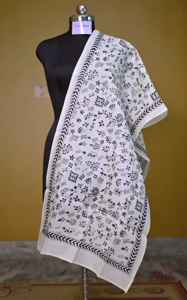 White on Black Bengal Kantha Embroidery Tussar Silk Handloom stole